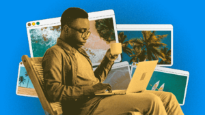 collage on a blue background of a man sitting with their laptop and a mug in front of webpages showing palm trees and the ocean
