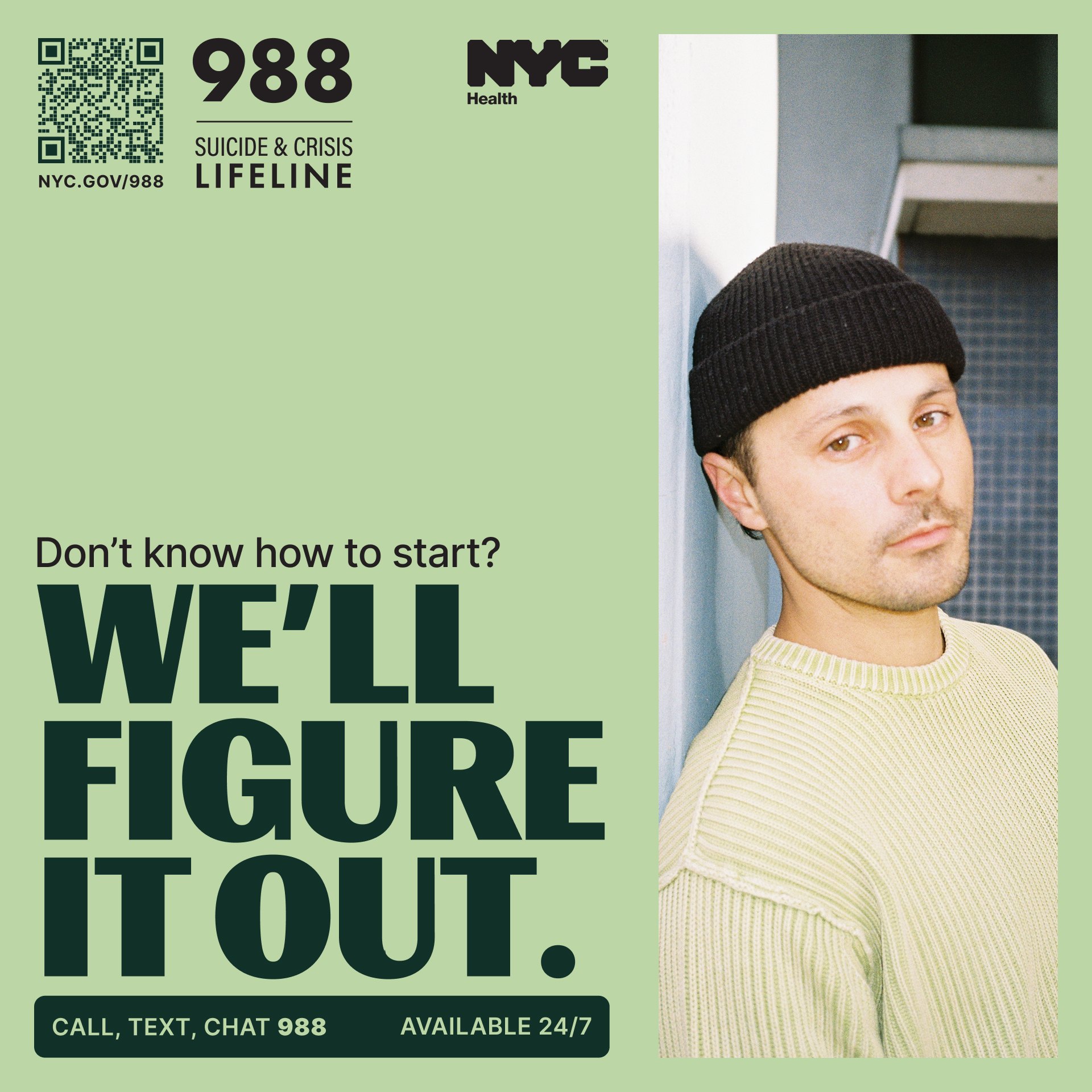 NYC 988 brand train panel: “Don’t know how to start? We’ll figure it out.” with a portrait of a young man