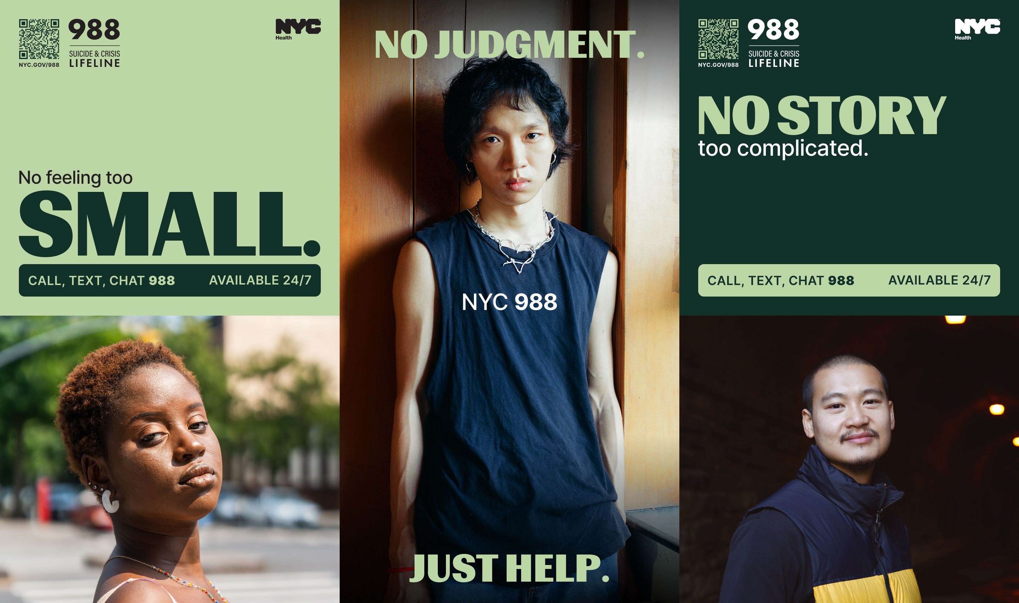 NYC 988 subway platform triptych: “No feeling too small,” “No judgment. Just help.” and “No story too complicated,” with portraits of New Yorkers